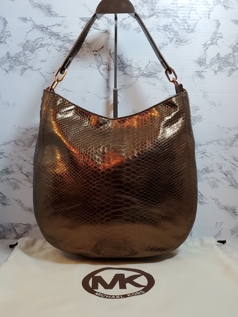 Michael Kors Cocoa Fulton Chain Hobo Snake-Embossed Shoulder Bag NWT